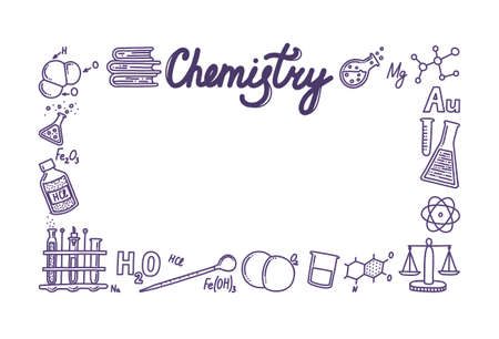 Rectangular box composed of chemistry icons. Frame for your designs and texts. Test tubes, reactions, atom, molecules, formula and other scientific items. Vector illustration in doodle styleのイラスト素材