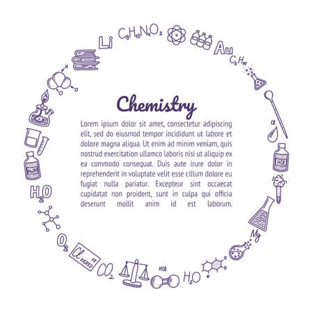 Circle box composed of chemistry icons. Round frame for your designs and texts. Test tubes, reactions, atom, molecules, formula and other scientific items. Vector illustration in doodle styleのイラスト素材