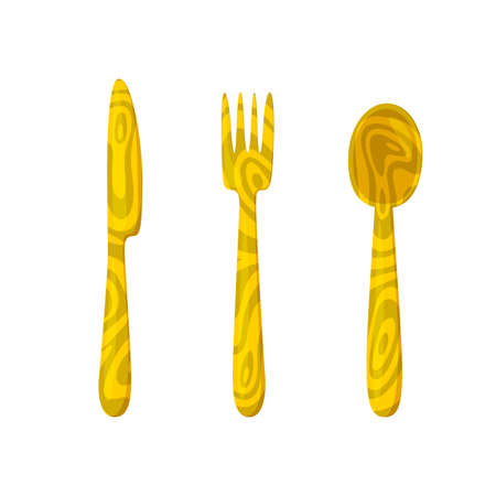Wooden cultery. Ecological substitute for plastic cultery. Knife, fork and spoon made of wood. Isolated  illustration in cartoon styleのイラスト素材