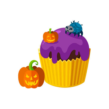 Halloween cupcake with spider and pumpkins. Orange and violet dessert for spooky halloween party. Vector illustration in cute cartoon styleのイラスト素材