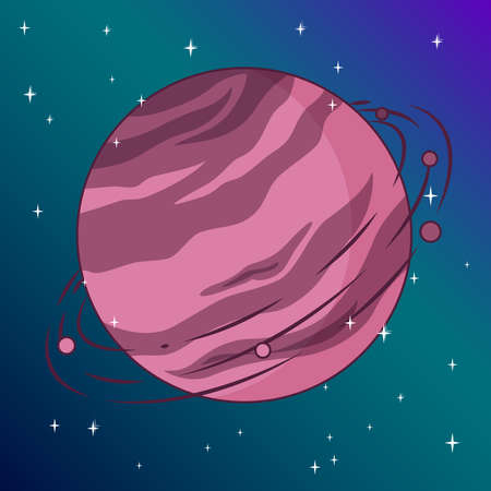 Saturn with its moon in the outer space with stars. Vector illustration in cute cartoon styleのイラスト素材