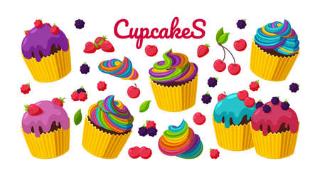 Cupcakes and berries in big creamy set. Cupcakes with colorful rainbow frostings. Vector...