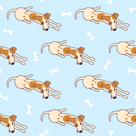 Jack russel terrier lying on the floor, ready to play. Doggy seamless pattern with bones. Vector illustration in cute cartoon styleのイラスト素材