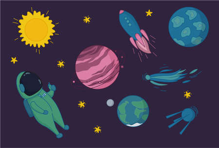 Outer space adventures. Astronaut, flying rocket, sputnik, comet, Sun, stars, Saturn, Earth and other planets. Vector illustration in cute cartoon styleのイラスト素材