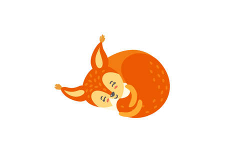 Squirrel sleeping and hugging its fluffy tail isolated in white background. Illustration of cute baby squirrel. Vector illustration in cartoon styleのイラスト素材