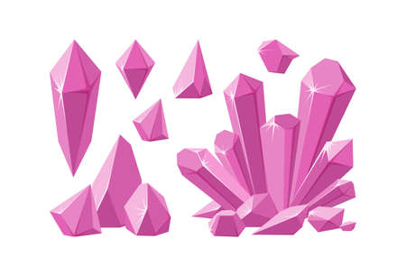 Crystals and pink gemstones. Set of pink stalagmite and smashed crystals. Amethyst gems of various shapes. Vector illustration in cartoon styleのイラスト素材