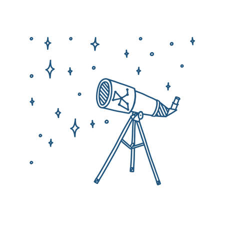 Telescope and stars isolated in white background. Hand drawn doodle telescope print. Vector...