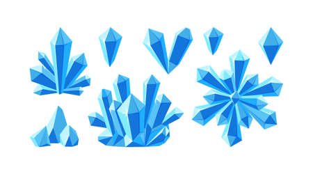 Crystals and blue gemstones. Set of stalagmite, snowflake and ice crystals. Frozen gems of various shapes. Vector illustration in cartoon styleのイラスト素材