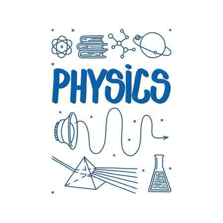 Physics doodle with light prism, sound waves and atom. Hand drawn science items isolated in white...