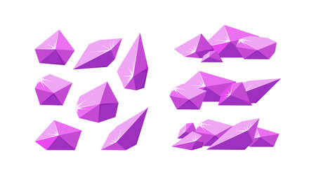 Crystals broken into pieces. Set of smashed pink crystals. Broken amethyst gemstones for rocky landscapes. Vector illustration in cartoon styleのイラスト素材