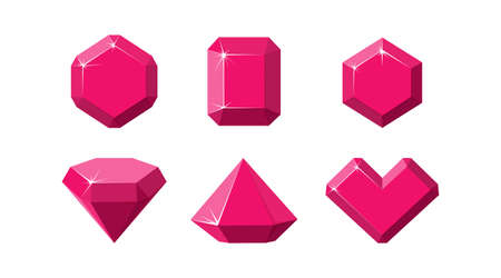 Ruby gemstones of different shapes. Red ruby crystals isolated in white background. Cartoon vector illustrationのイラスト素材