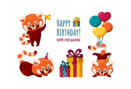 Red pandas ready for a birthday party. Red panda with balloons, birthday hats and flags. Colorful vector illustration in cartoon styleのイラスト素材