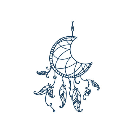 Boho dreamcatchers with feathers and arrow. Dream catcher in shape of crescent moon. Vector illustration in doodle styleのイラスト素材