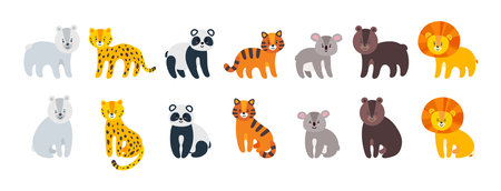 Wild amimals set. Leopard, lion, tiger, bear, panda and koala isolated in white background. Vector illustration in flat styleのイラスト素材
