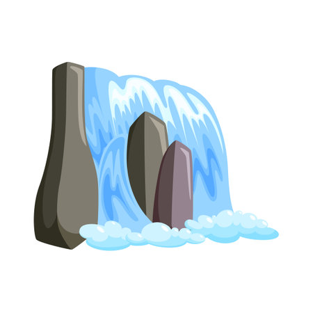Waterfall cascade in splashing down with foam. Fantasy cascade of blue water isolated in white background. Vector illustration in cartoon styleのイラスト素材