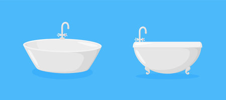 Bathtubs with faucets. Luxury ellipse tubs with tap isolated in blue background. Vector illustration in cartoon styleのイラスト素材
