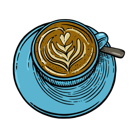 Coffee cup with cappuccino. Engraved sketch of coffee mug. Vector illustrationのイラスト素材