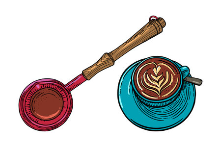Coffee cup with cappuccino and turkish pot. Engraved sketch set of coffee mug and pot. Vector illustrationのイラスト素材