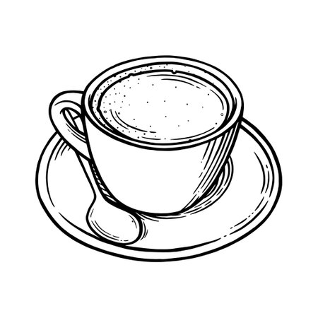 Coffee cup with americano. Cup, spoon and saucer set for hot coffee. Black and white engraved vector ilustrationのイラスト素材
