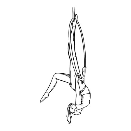 Aerial female gymnast in hoop. Aerial gymnastics strength iproving pose. Sketch vector illustration isolated on white backgroundのイラスト素材