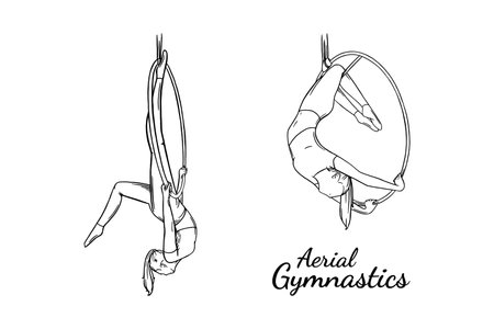 Aerial female gymnast set. Aerial gymnastics strength iproving pose. Engraved vector illustration isolated on white backgroundのイラスト素材