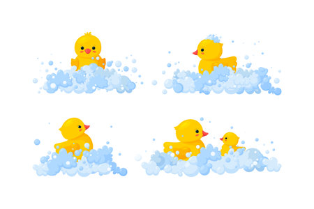 Rubber duck family in soap foam isolated in white background. Set of yellow plastic duck toys in suds, parent and baby. Vector illustration in cartoon styleのイラスト素材