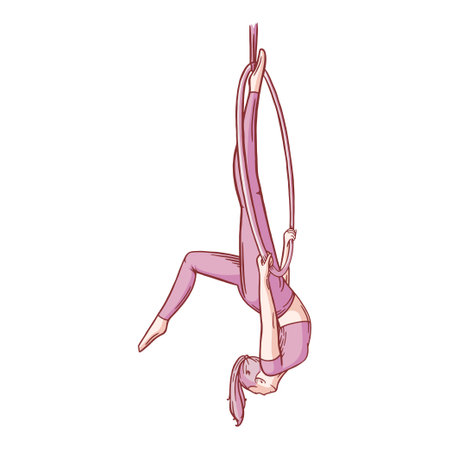 Aerial female gymnast in hoop. Aerial gymnastics strength iproving pose. Colored sketch vector illustration isolated on white backgroundのイラスト素材