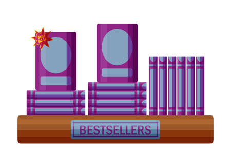 Best seller book shelf with sticker. Bookstore shelf in cartoon style. Vector illustration isolated on white backgroundのイラスト素材