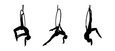 Silhouettes of lyra acrobats. Air sport performed by woman. Vector illustrationのイラスト素材