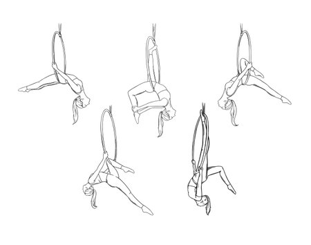 Circus girl gymnast performing air dance. Aerial acrobat isolated in white background. Sketch vector illustrationのイラスト素材