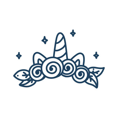 Unicorn wreath with roses. Shiny horn, flowers and ears. Vector illustration in doodle styleのイラスト素材
