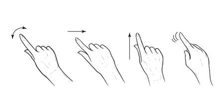 Index finger gestures with arrows for smartphone or tablet. Set of tap, swipe or slide gestures for devices with touchscreens. Sketch vector illustration isolated in white backgroundのイラスト素材
