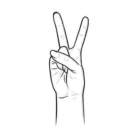 Hippie peace sign with two fingers. Hand gesture as symbol of victory. Sketch vector illustration isolated in white backgroundのイラスト素材