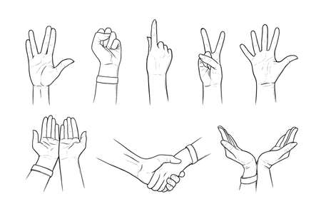 Hand gestures of peace, Vulcan greeting and salute. Handshakes, gestures asking for help and care in sketch style. Black vector illustration isolated in white backgroundのイラスト素材