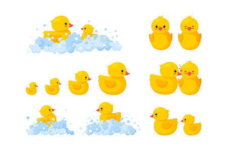 Rubber duck family in soap foam isolated in white background. Big set of yellow plastic duck toys in suds, parent and baby. Vector illustration in cartoon styleのイラスト素材