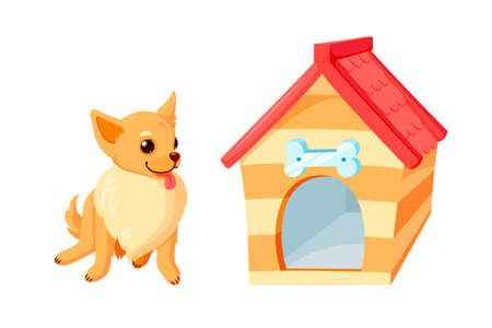 Chihuahua dog and kennel with bowl. Wooden doghouse with red roof isolated in white background. Vector illustration in cute cartoon styleのイラスト素材
