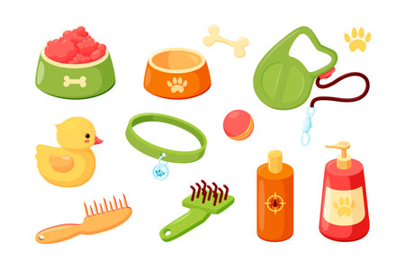 Dog accessories with collar, bowls, duck, combs, shampoo and leash. Puppy stuff for grooming, feeding and games. Vector illustration in cute comic styleのイラスト素材