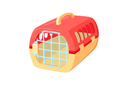 Pet carrier with metal door. Red and orange carrier to transport animals in voyages. Vector illustration in cute cartoon styleのイラスト素材