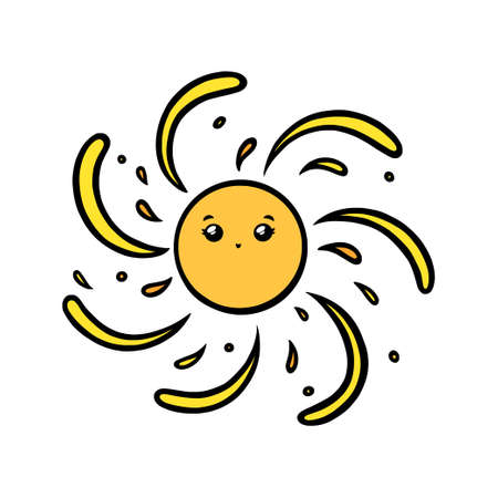 Cute sun with eyes and smile. Yellow sun smiling face in doodle style. Black and white vector illustration isolated in white backgroundのイラスト素材