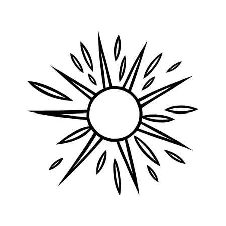 Handdrawn sun with beams. Shining sun in doodle style. Black and white vector illustration isolated in white backgroundのイラスト素材