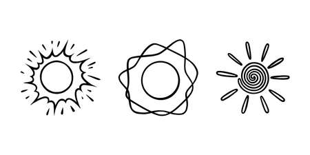 Handdrawn suns set. Suns shining with beams in doodle style. Black and white sketch vector illustration isolated in white backgroundのイラスト素材
