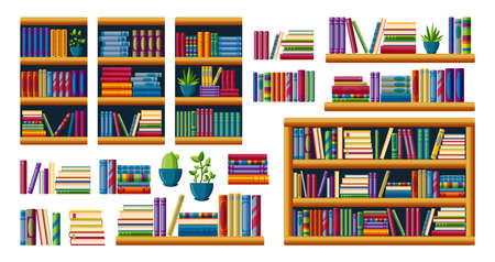 Bookshelves with bestsellers to read. Piles of books with shelves, racks and cases. Cartoon vector illustration isolated in white backgroundのイラスト素材