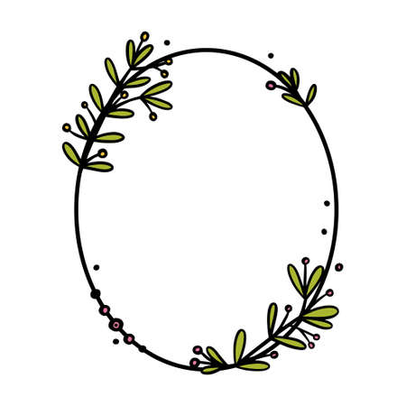 Vintage wreath divider with handdrawn flowers. Oval doodle wreath with colored leaves and flowers. Doodle vector illustration isolated in white backgroundのイラスト素材