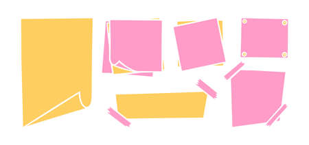 Handdrawn paper sheets with sticky tape and pins. Pink and yellow blank paper pages for memos and messages. Colored vector illustration isolated in white backgroundのイラスト素材