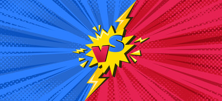 Superhero halftoned background with lightning. Versus comic design with yellow flash. Vector illustration backdropのイラスト素材