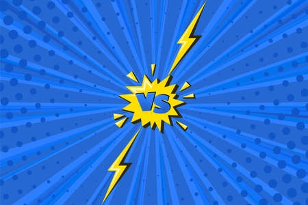 hero halftoned background with lightning. Blue comic design with versus symbol and yellow flash. Vector illustration backdropのイラスト素材