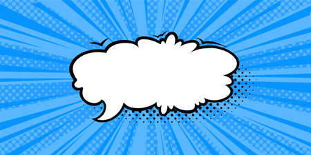 Speech bubble in blue halftone background. Promotion banner template with speech cloud in comic...