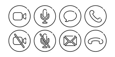 Virtual hangouts icons for conference call. On and off video, sound, message, mail and call icons isolated on white background. Outline vector illustrationのイラスト素材