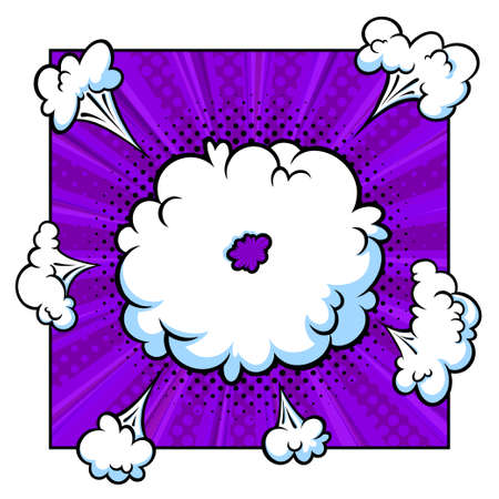 Surprising boom cloud in halftone background for sales and promotions. Violet banner template for...