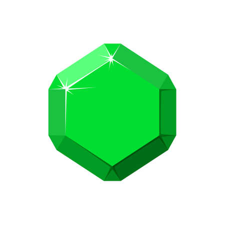 Hexagon green gemstone. Emerald top view. Cartoon vector illustration isolated in white backgroundのイラスト素材